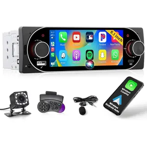 Rimoody 1 DIN Car Radio with Wireless CarPlay Android Auto, 5.1 Inch Touch Screen Bluetooth Car Radio with FM Radio, Mirror Link, SWC, EQ, USB, Type-C Charge, Rear Camera, MIC