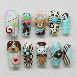 Dessert Kawaii Press On Nails | Mint Ice Cream Nails | 3D Chocolate Bear Nail Art | Custom Cute Sweet Nail Design