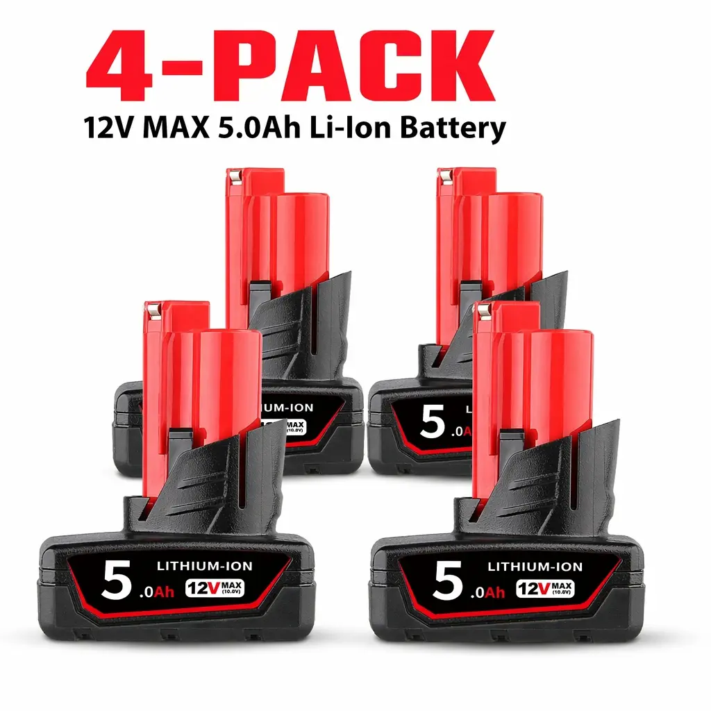 4-Pack 12V 5.0Ah Lithium-Ion Replacement Batteries for Milwaukee M12 Series Cordless Power Tools, Rechargeable Battery Packs