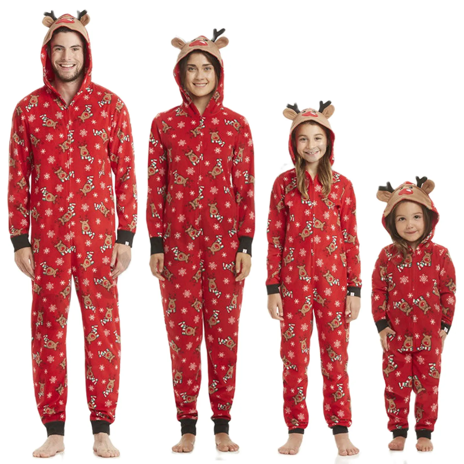 Christmas Family Matching Outfits Reindeer Costumes  Pajamas Hooded Zipper Jumpsuit for Men Women Kids Cute Deer Romper Holiday Xmas Party Clothes Loungewear