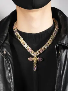 Rainbow Gem Cuban Link Cross Necklace, Hip Hop Street Style, Multi-Color Zircon, Unisex Fashion Jewelry, Cross Pendant Jewelry