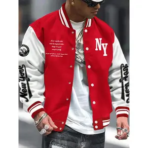 Men's Letter Print Baseball Collar Bomber Jacket, Loose Casual Sporty Long Sleeve Varsity Jacket for Fall & Winter, Men's Outerwear for Daily Wear