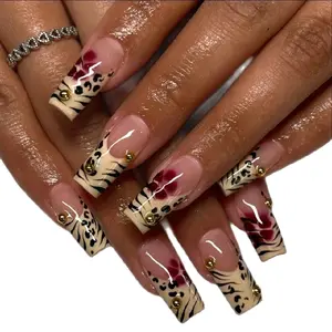Leopard Print Fake Nails with Nail File & Tape, 1 Box Long Square Press on Nails for Women & Girls Diy