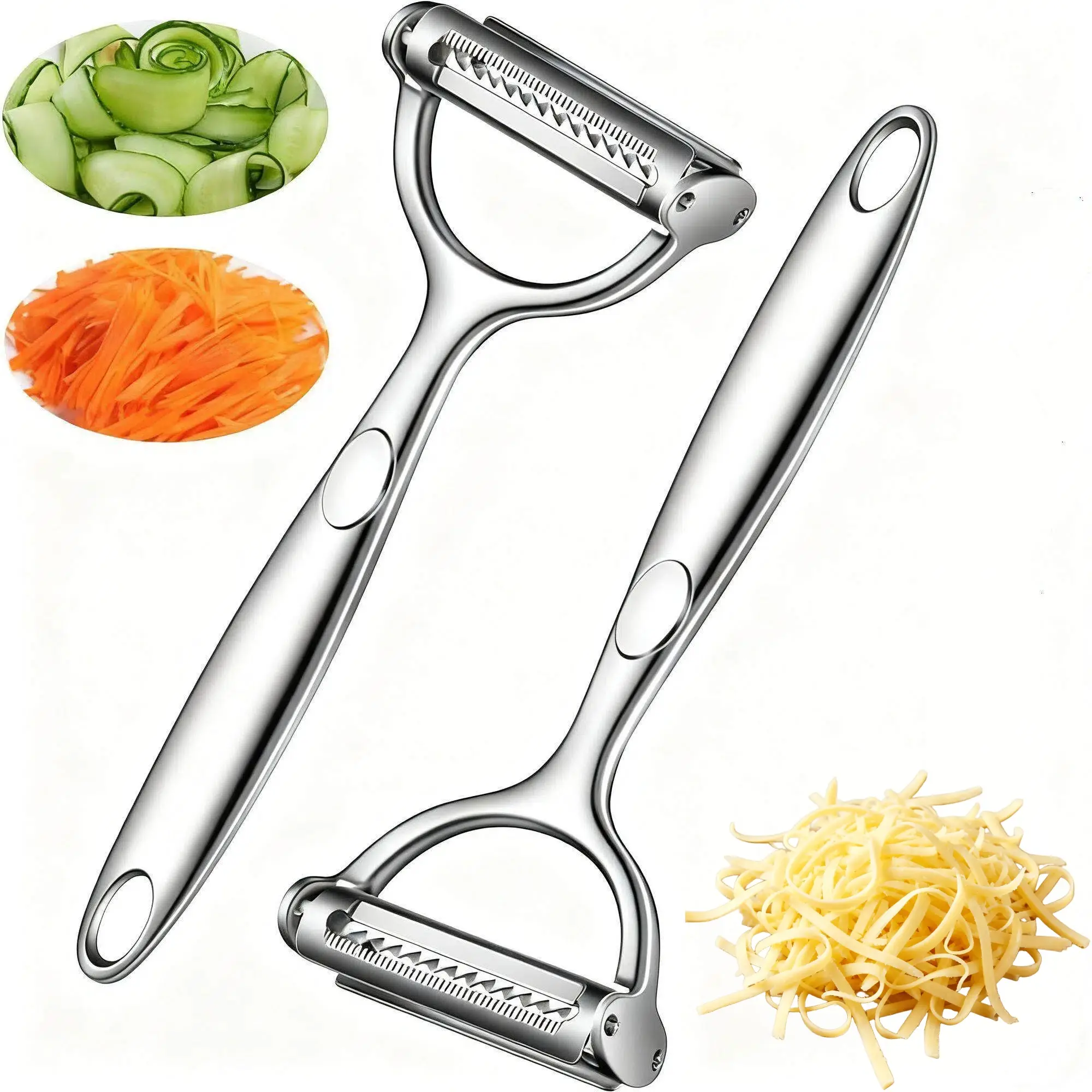 2-Pack Rustproof Stainless Steel Multi-Function Rotary Cheese Grater Set - Durable Kitchen Utensil, Smooth Grating, Non-Slip Handle, Fruit & Vegetable Peeler, Slicer, Dicer, Carrot Cutter