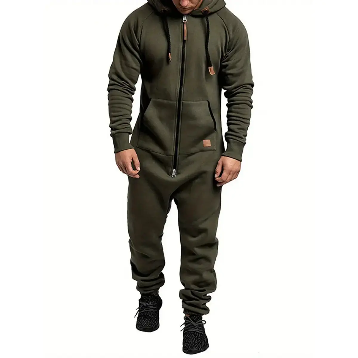 Men's Fleece-Lined Jumpsuit, Casual Solid Hooded Romper with Longsleeves, Full-Zip Closure and Kangaroo Pocket, Polyester, Plain, Knitting, Below The Ankle, Hoodie/Jumper, Overalls, Menswear, Casual Pants, Kangaroo Bag