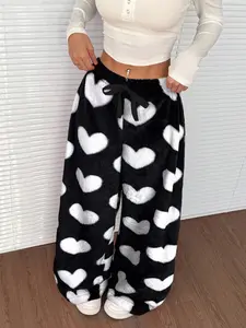 Valentine's Day Limited Edition Couple Matching Heart Print Straight Leg Casual Everyday Bottom Pants, Fitted Loose Warm Winter Trousers