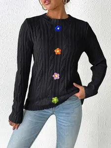Fashionable Casual Round Neck Flower Knit Sweater, Loose-Fitting Fabric Kint, Moderate Thickness, Perfect for Fall Winter, No Border Print