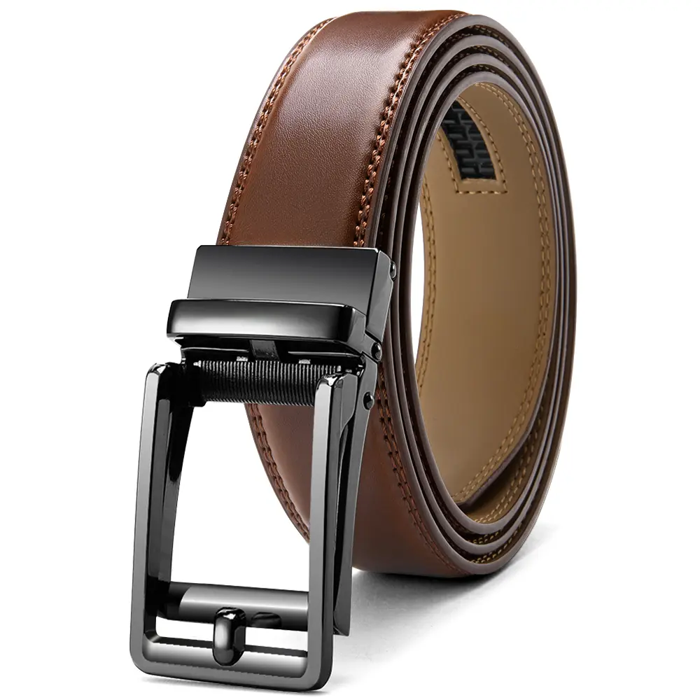 Men's Heavy Duty Cow Hide Leather Ratchet Belt, Classic Dress Belt with Automatic Roller Buckle, Adjustable No-Hole Fit for Business or Casual Wear