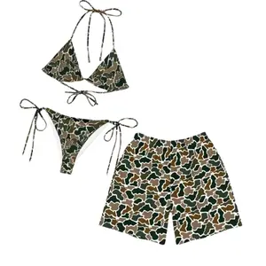 Matching Couple Swimwear Set, Green Brown Camouflage Bikini & Board Shorts, Perfect Gift for Him & Her