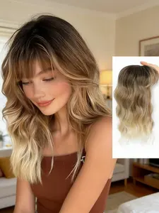 ✨ Stunning Ombre Wavy Hair Topper with Bangs! Dark Brown to Blonde Gradient, Natural Loose Waves, Instant Volume Boost for Thinning Hair & Daily Wear! #HairTopper #OmbreHair