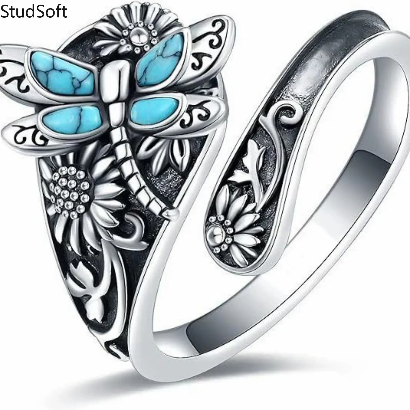 Women's Vintage Boho Dragonfly & Sunflower Adjustable Wrap Ring - Fashionable Whimsical Female Jewelry with Turquoise Band, Accessories for Women (Sports & Outdoor Compatible), Rings, Dragonfly Ring