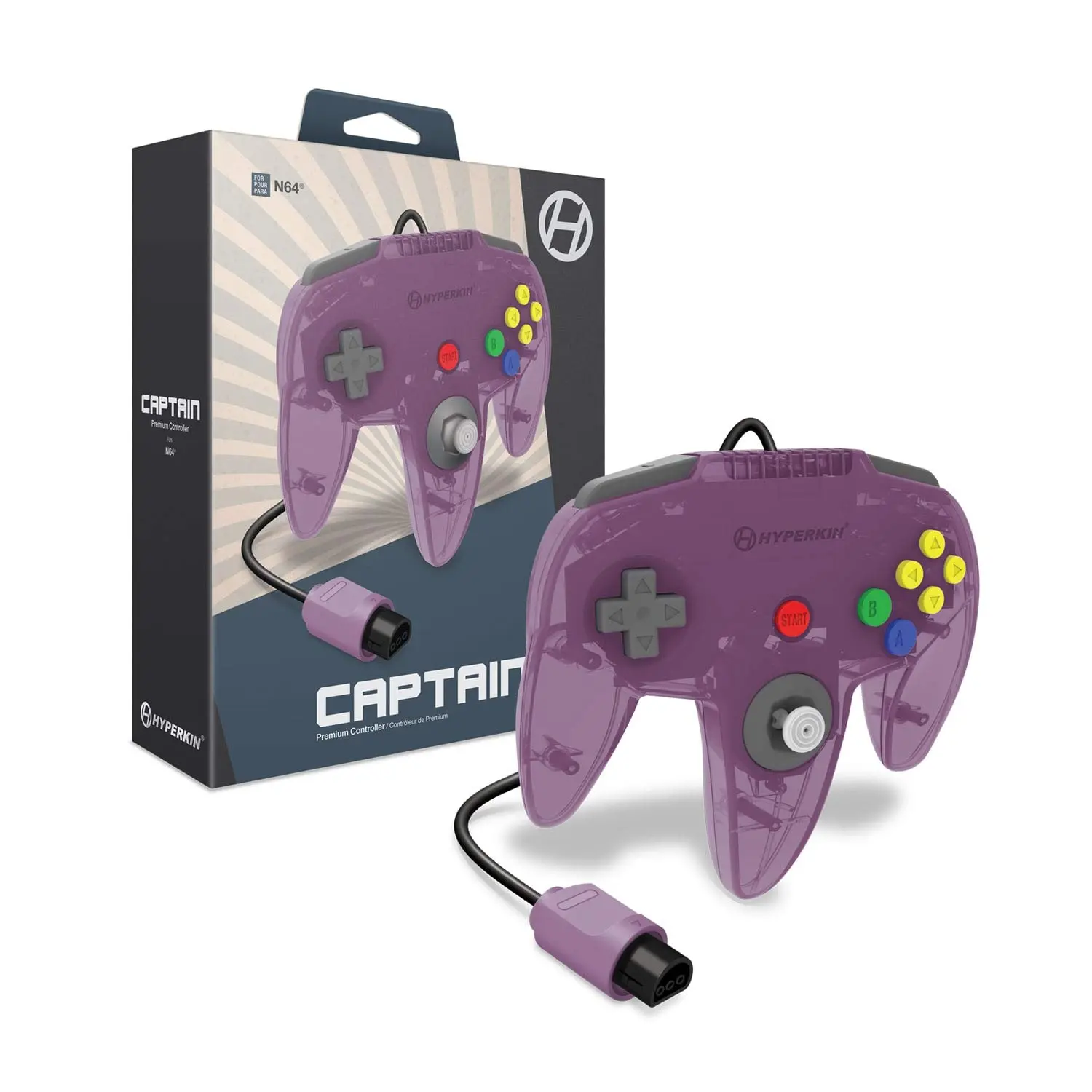Hyperkin Captain Premium Wired Controller for Nintendo 64 – Ergonomic Design, 10 ft Cable, Memory Card Compatible - Amethyst Purple