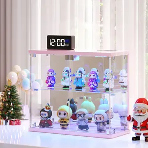 Miu vanity Display Cabinet with Glass Doors,Storage Cabinet with 3 color light,2-Tier Curio Cabinet case for Collectibles,Toys，Books，for Playroom，Bedroom，Study Room,Black,Pink