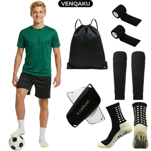 VENQAKU 5/10 Pcs Soccer Grip Socks Set for Men Women, Anti Slip Athletic Socks with Shin Guard Sleeves Leg Support Drawstring Bag Football Training Gear