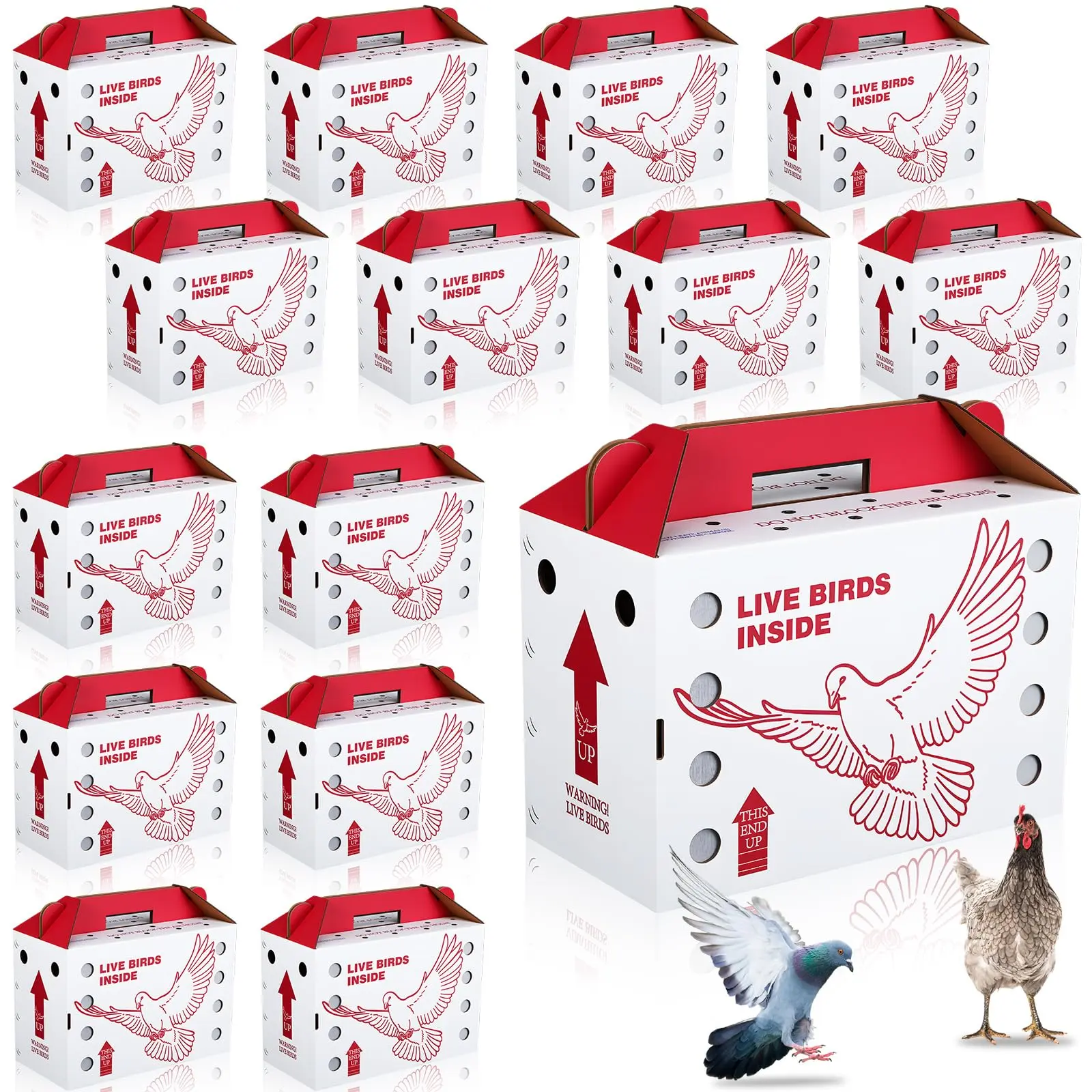 15-Pack Live Chicken Shipping Cardboard Boxes (17.5x8.5x11.5") with Ventilated Holes & Handle, Pet Carrier for Poultry (Red)