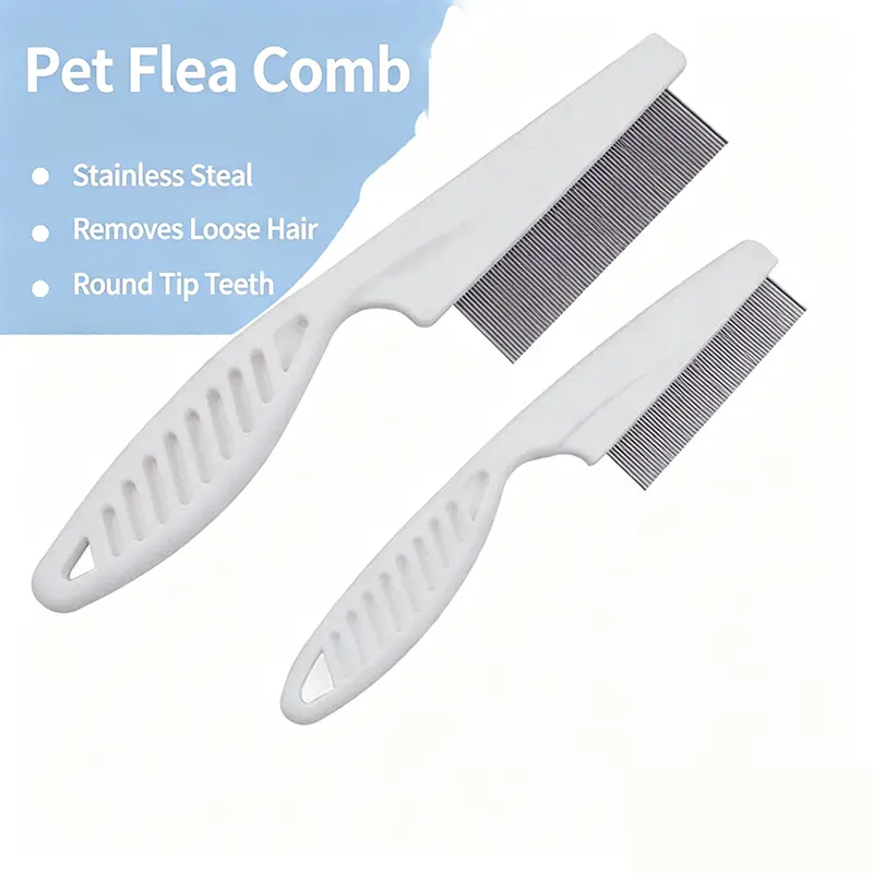 Two pet flea combs—one large and one small—suitable for dogs and cats. ABS handle with dense steel needles; gentle grooming tool for pet fur; human-centered design; perfect usability.