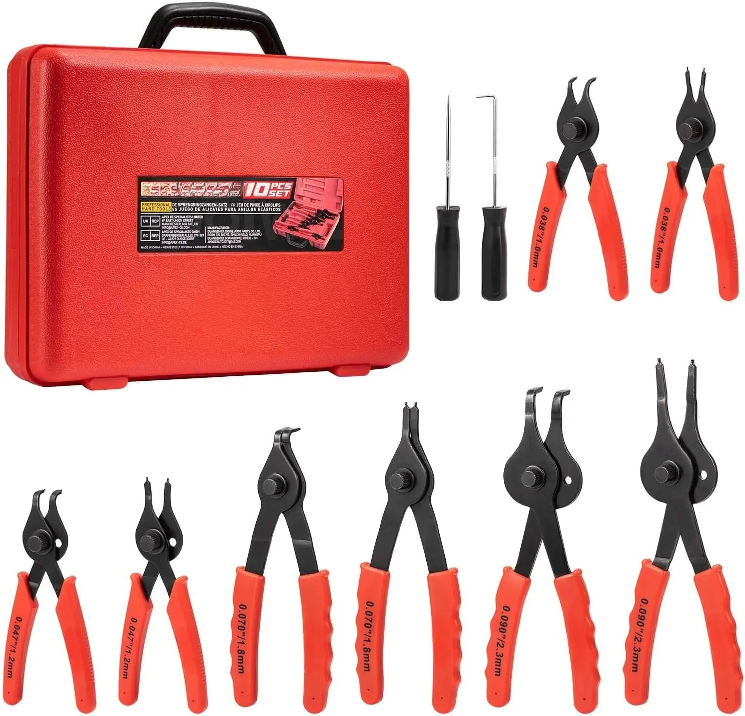Snap Ring Pliers Set, 10 count Internal & External Retaining Ring Circlip C Clip Pliers, Heavy Duty Bent Straight Automotive Tools, Include Hook, Pick, and Storage Case