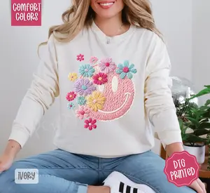 FAUX Knit Floral Smiley Long Sleeve Comfort Colors, Trendy Women's Shirt