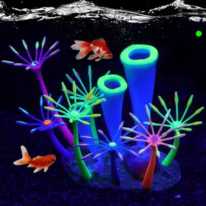 Glow in Dark Aquarium Fish Tank Decorations, Artificial Soft Anemone Coral Plants Ornaments for Aquarium Decor Landscape, Silicone Fish Tank Accessories Decorations (Green)