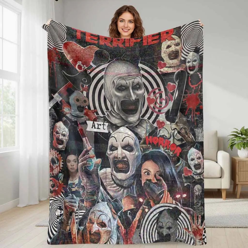 Terrifier Figure Print Flannel Fabric Bed Blanket - Warm, Breathable, Wrinkle Resistant, Durable Home Decor for Halloween Theme, Collector Gifts, Bed Blankets, Collectibles