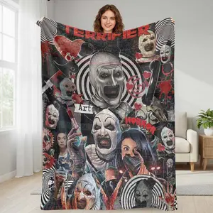 Terrifier flannel blanket horror art print graphic design soft warm cozy durable perfect for Halloween decor movie night bedroom sofa gift collectors