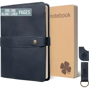 Refillab A5 Genuine ather Journal Notebook Cover with 2 Inserts, 200+200 Pages Lined + Blank, 5x8 Notebook for Work, Drawing, Sketchbook,  Journal For Men and Women, Black