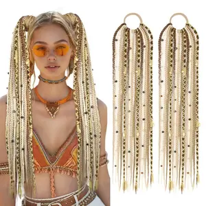 20 Inch Boho Hand Braided Ponytail Hair Extension with Viking Beads, High Temperature Lightweight Synthetic Hairpiece with Hair Tie Included