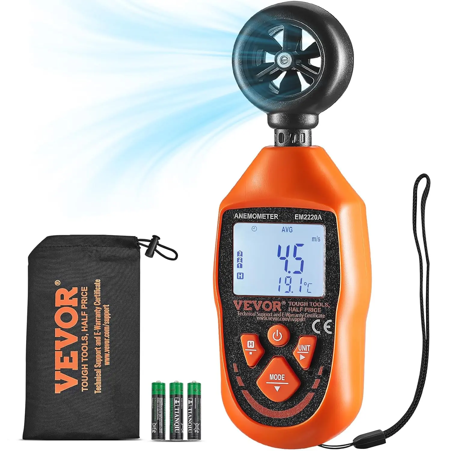 VEVOR Handheld Anemometer, 14-113, Digital Wind Speed Meter Gauge with LED Backlight Screen, Measures Wind Velocity Air Flow, for Sailing Surfing Drone Flying HVAC