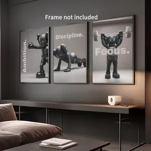 Set of 3 Kaws Black HypeBeast Figure in Gym, Motivational Wall Art, Gym Wall Art, Streetstyle Poster Decor Minimalist Photo wall  decor.No Frame.