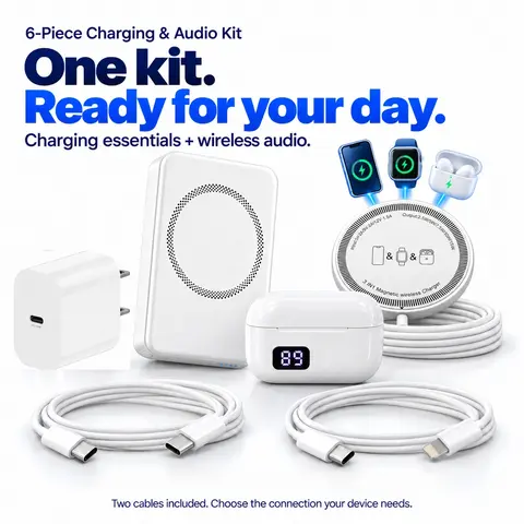6-Piece Charging and Audio Kit with 5000mAh Magnetic Wireless Power Bank, Wireless Earbuds, Magnetic Wireless Charging Pad, 20W USB-C Wall Charger and 2 Charging Cables