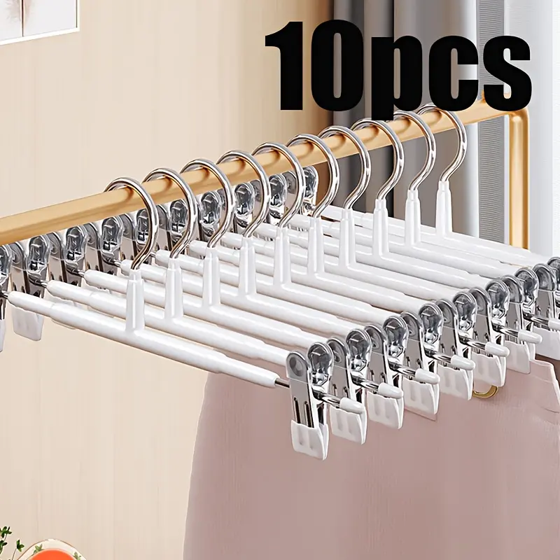 10pcs White Plastic Hangers with Clips for Clothing Organization and Storage