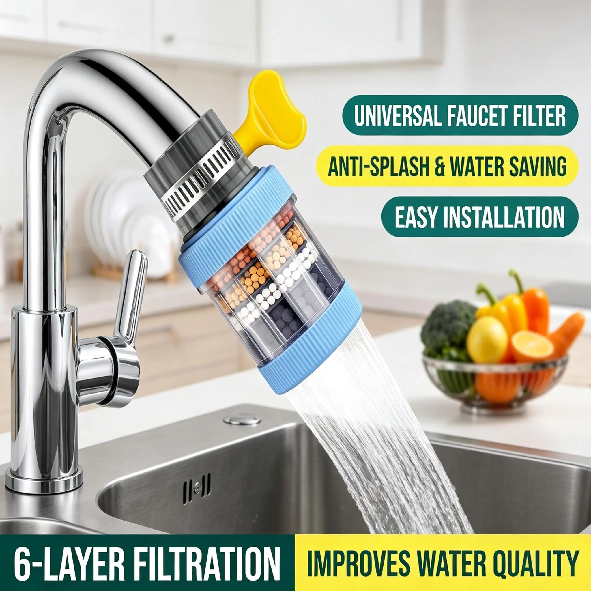 6 Layer Faucet Water Filter, Universal Tap Water Purifier for Kitchen RV & Camping, Removes Chlorine Impurities, Anti-Splash Nozzle for Home & Outdoor Use Outdoor adventure water filter