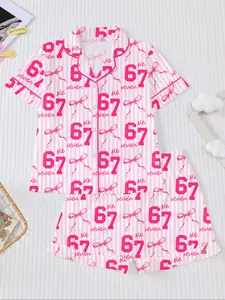 Striped Pajama Set, Fire-Retardant Button-Front Shirt & Elastic-Waist Shorts, Casual Cartoon Print Sleepwear