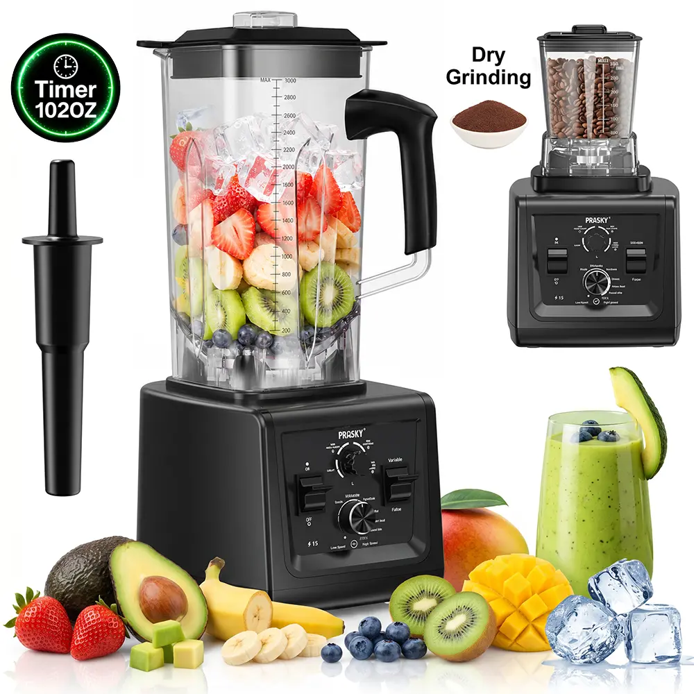 [2026 New] PRASKY 102OZ Timer Blender for Kitchen, 2-in-1 Blender & Grinder Combo with Timer Settings, 25000RPM Countertop Smoothie Maker, Dual BPA-Free Containers for Ice Crush, Coffee Beans, Dried Chili & Frozen Drinks Fruit Vegetable
