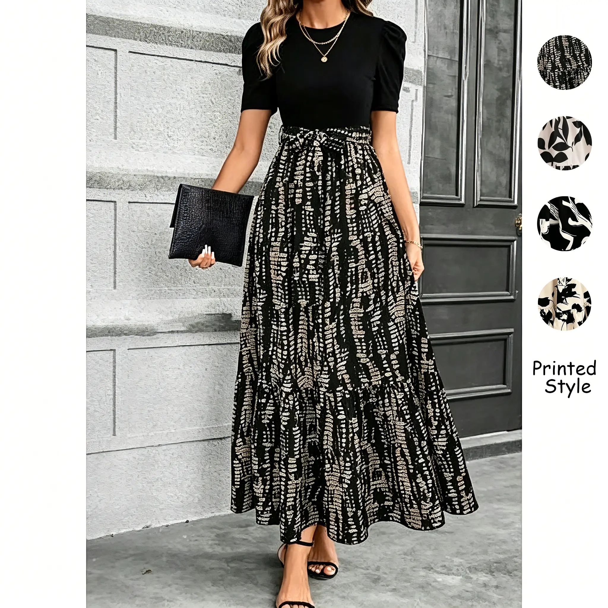 Women's Casual Printed Polyester A-Line Dress - Short-Sleeve, Round Neck, Cinched Waist, Basic Fabric, Temperament Commute & Date Outing Wear, Shortsleeve, Style