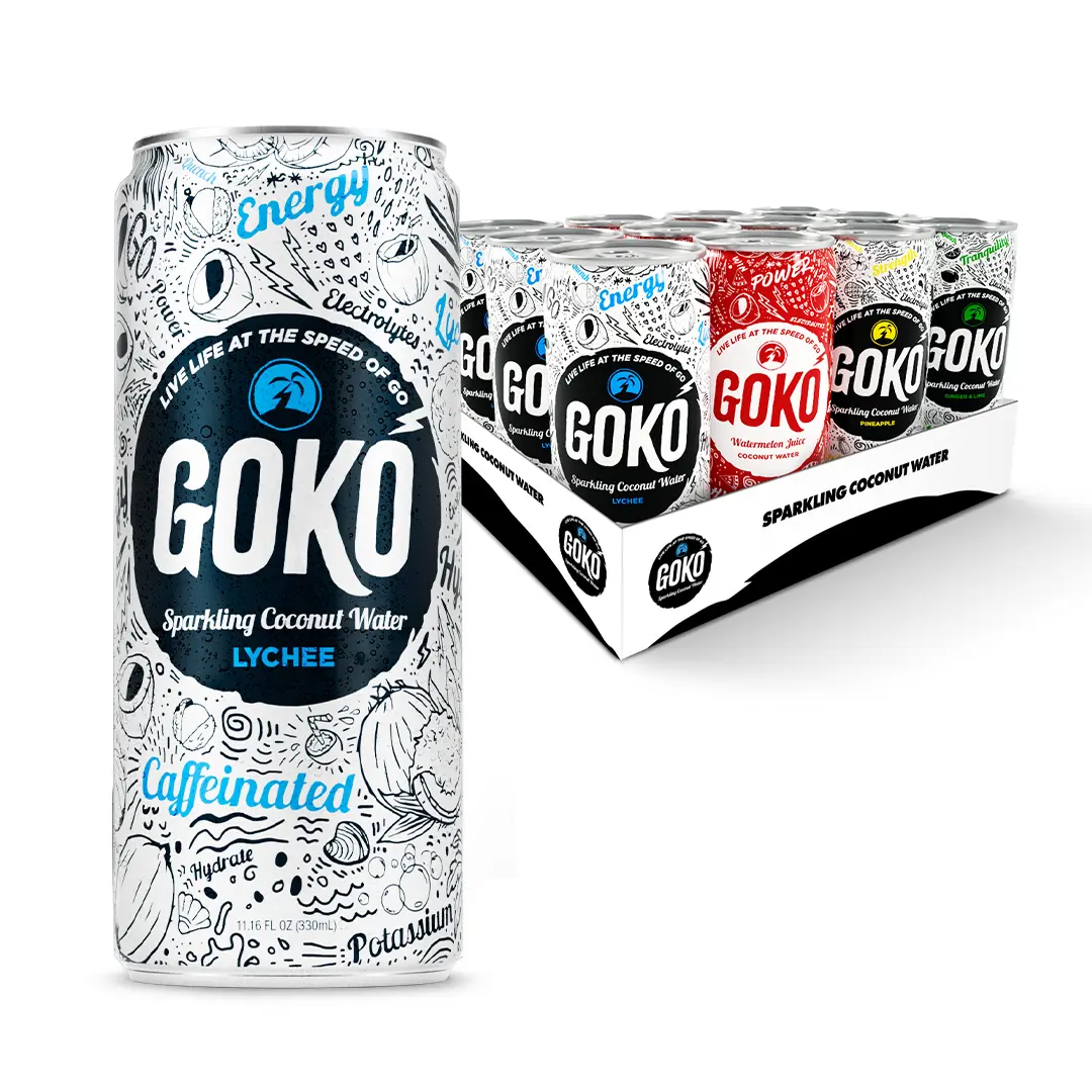 Goko - Lychee Sparkling Caffeinated Coconut Water Energy Drink - 95mg Natural Caffeine - No Added Sugar - 80Cal Clean Energy