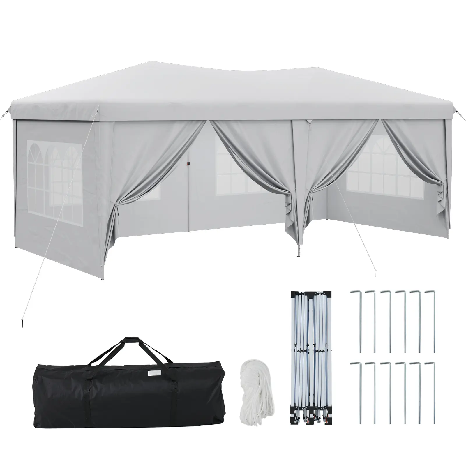 Aoxun Outdoor Polyester Pop Up Canopy Tent - 10x20ft, 1-Push Setup, 6 Removable Sidewalls, Waterproof, Windproof, Sun Shield, 3 Adjustable Heights, Foldable, Portable with Carry Bag for Parties, Market Use, Sun Protection
