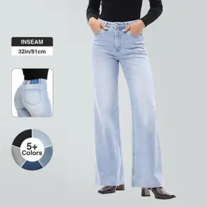 Joy Vogatiques BlueMoment Stretchy High Waist Wide Leg Jeans for Women Basic Denim Pants Raw Hem Underwear Trouser Lady Streetwear 8101 Minimalist Tummy Control BBL Baggy Curve Hugging