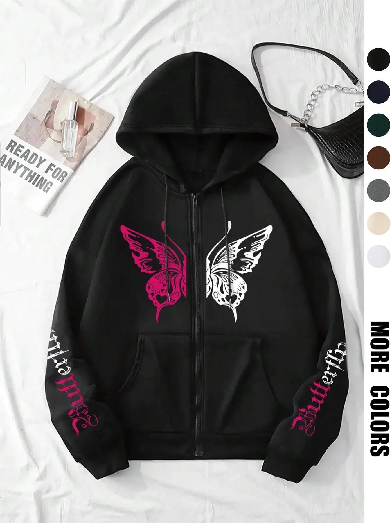 Women's Casual Everyday Aesthetic Hoodie with Zipper, Butterfly Letter Print Design, Long Sleeve, Loose-Fitting, Fall & Winter Warm Jacket, Womenswear, Outerwear, Adjustable Drawstring, Gothic Wing Hoodie