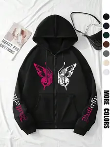 Women's Casual Everyday Aesthetic Hoodie with Zipper, Butterfly Letter Print Design, Long Sleeve, Loose-Fitting, Fall & Winter Warm Jacket, Womenswear, Outerwear, Adjustable Drawstring, Gothic Wing Hoodie