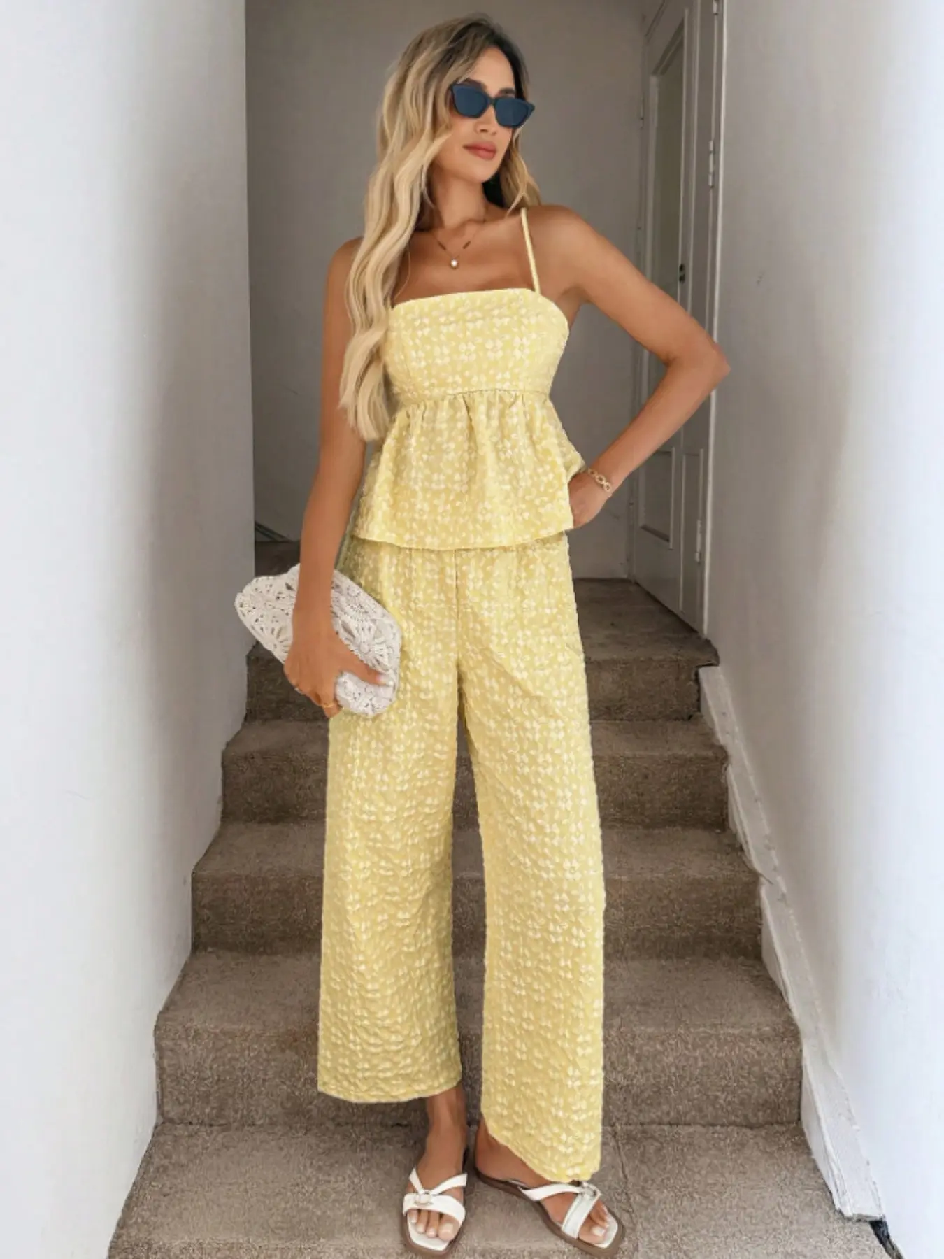 Women's Embroidered Sleeveless Spaghetti Strap Tank Top + Casual Loose Pants Matching Set, Summer Fashion Embroidery, Stylish and Comfortable Clothing for Women, Sleeveless Matching Sets, Casual Outfit Set