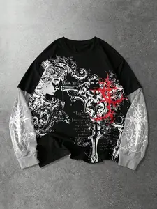 Men's Gothic Vintage Cross Print Long Sleeve T-Shirt, Comfortable Skin-Friendly Fabric, Street Style, Casual Party Wear, Streetwear