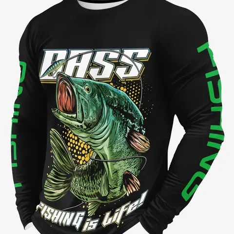 Bass Fishing Long Sleeve Shirt, Outdoor Angling Wear, Casual Fitted Design, Spring & Fall Fashion, Figure Pattern, Outdoor Fishing Clothing