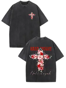 HARD FOUGHT Hallelujah Men's Vintage Street Graphic T-Shirt - 230g Washed Cotton Double-Sided Floral Cross & "HARD TOUGH" Print, Drop Shoulder Relaxed Fit Short Sleeve Round Neck Summer Casual Tee, Machine Washable Gift for Men, Breathable
