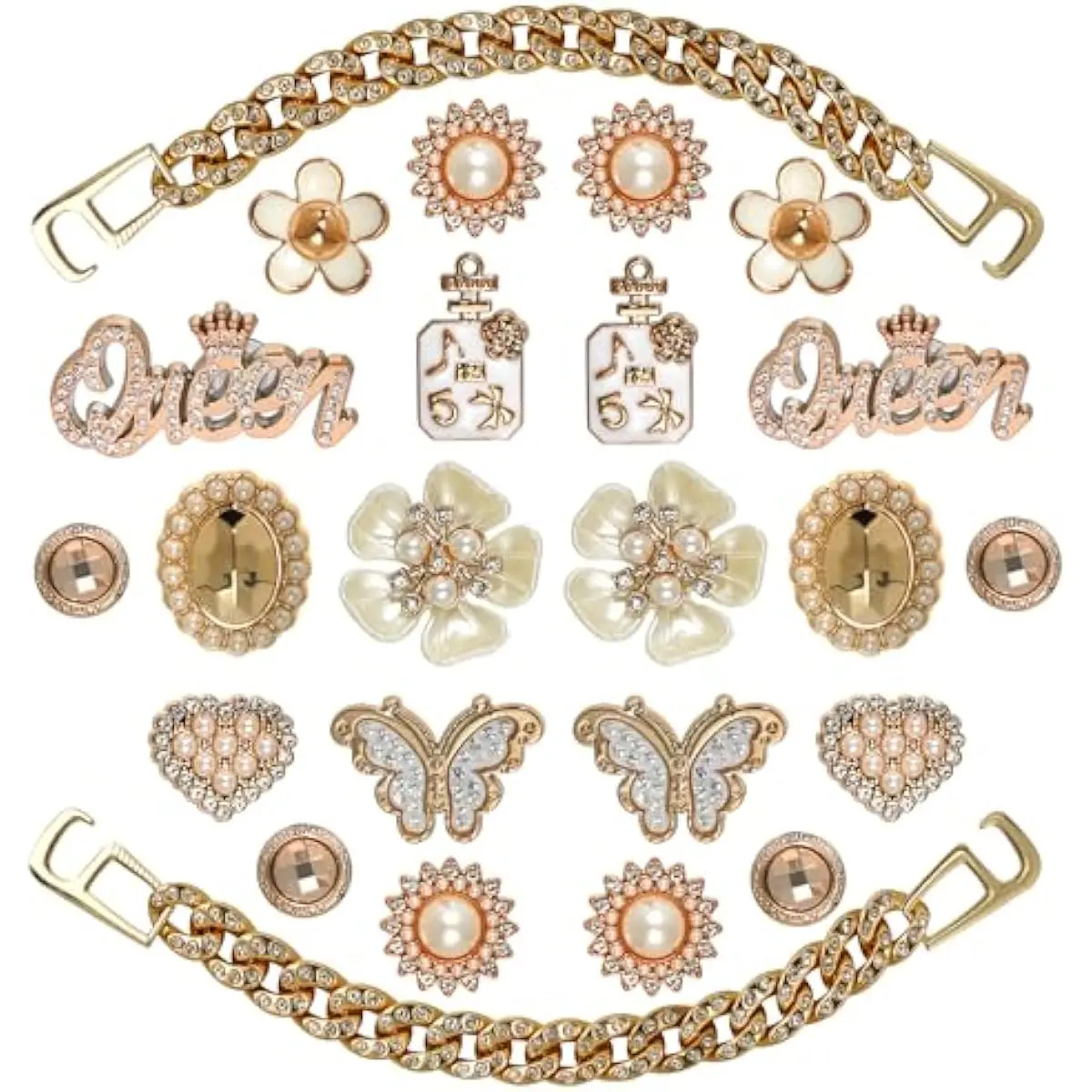 Bling Shoe Charms for Girls and Women, Girly Gold Shoe Charms for Clog Sandals, 24 PCS Glitter Pearl Flower Shoes Decoration Bulk, Shoes Chains Pins Charm Accessories