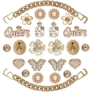 Bling Shoe Charms for Girls and Women, Girly Gold Shoe Charms for Clog Sandals, 24 PCS Glitter Pearl Flower Shoes Decoration Bulk, Shoes Chains Pins Charm Accessories