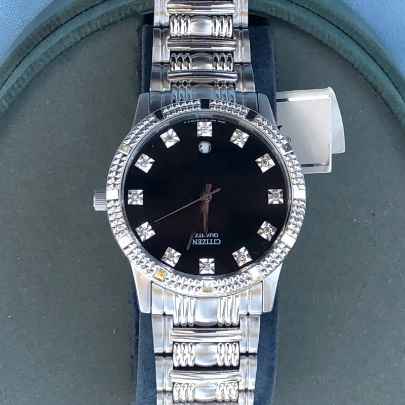 New Citizen Quartz Watch - Japan-Made, New Battery, Date Display, Water-Resistant Stainless Steel, Black Dial, 12 Genuine Diamonds, Long Band