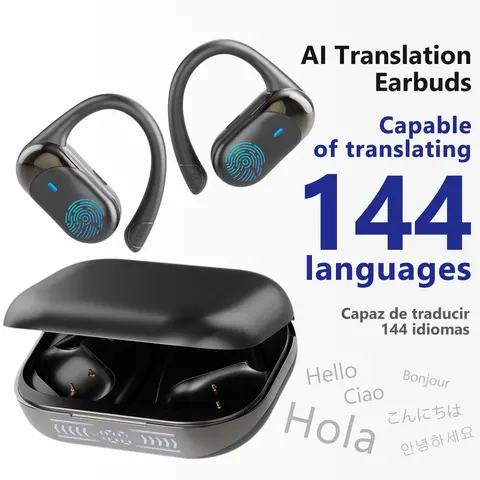AI Translation Bluetooth Headphones - Wireless Rechargeable Audio Earbuds with 144-Language Real-Time APP Translation, Ideal Traveler Headphones (Black), Electronic
