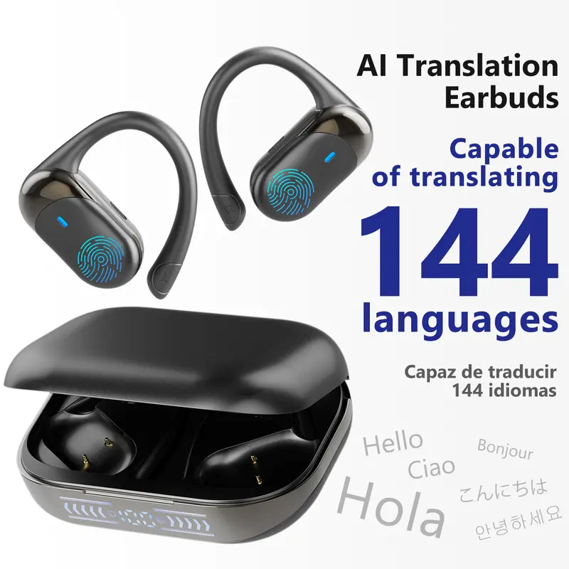 AI Translation Bluetooth Headphones - Wireless Rechargeable Audio Earbuds with 144-Language Real-Time APP Translation, Ideal Traveler Headphones (Black), Electronic