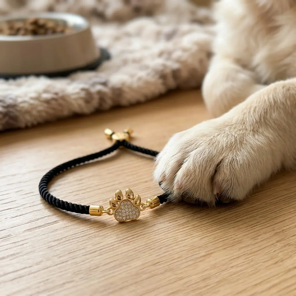 14K Gold Print Bracelet, Gold Plated CZ Adjustable Black Cord Pet Charm Jewelry for Dog Lovers, Sentimental Pet Memorial Jewelry & Gift